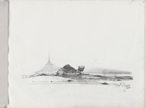 Desert landscape with a resting camel near a Bedouin tent
