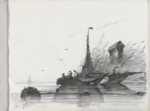 Moored sailing ship near a reed bed