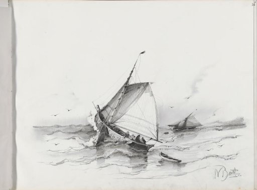Figures in a sailboat on a stormy sea