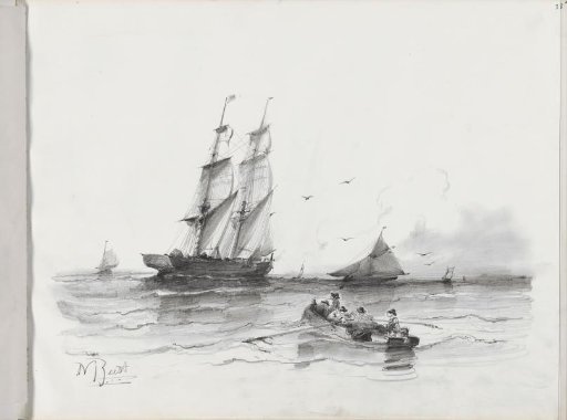 Sailboats, a two-master and a rowboat on the water