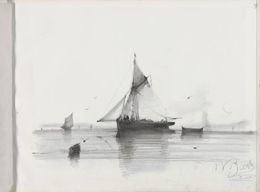 Figures on a moored sailing ship off a coast
