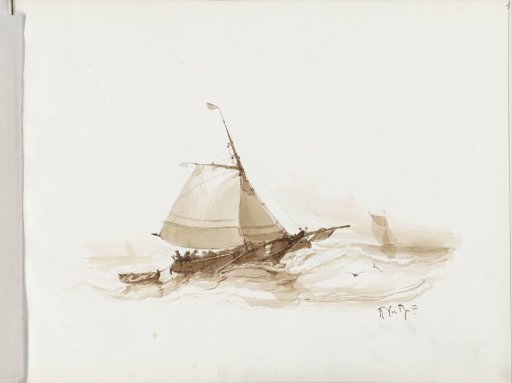 Zeilschip met figuren op het water