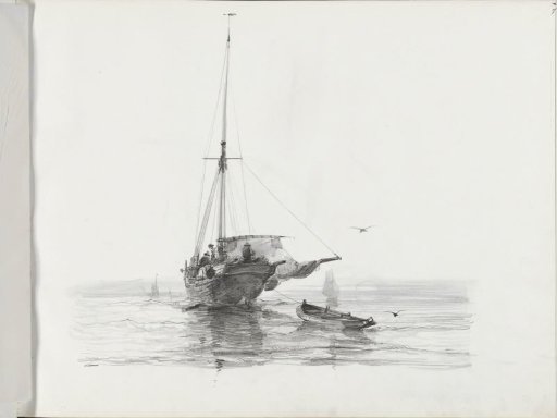 Afgemeerd zeilschip op een kalme zee