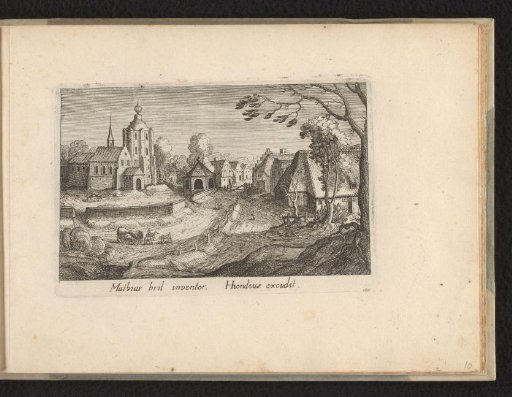 Village view with a large church on the left