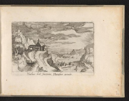 River landscape with wooden church on the left bank