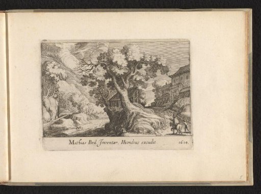 Landscape with a large tree in the center, a fisherman at its foot