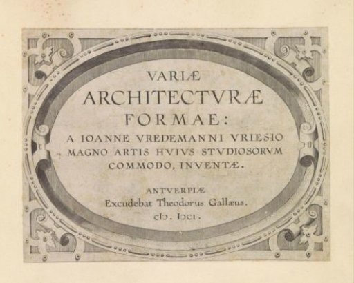 Cartouche with a frame of scrollwork and the text: Varia Architecturae Formae