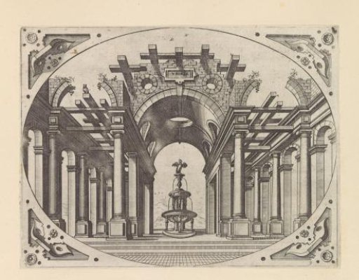 Ruined portico with a fountain beneath it