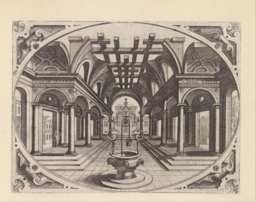Colonnade with a ruined vault and a water well