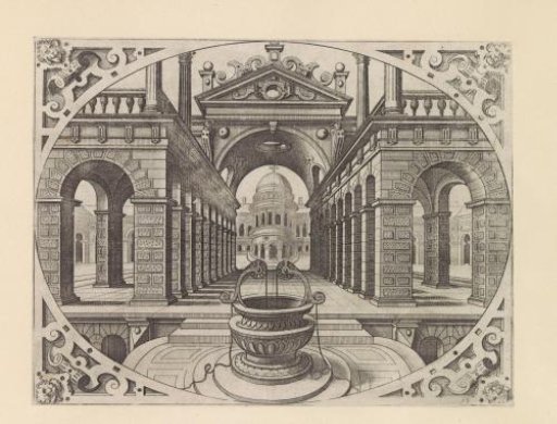 View in a street with colonnades on both sides and a water well in the foreground