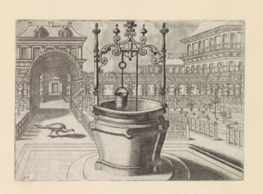 Round well in a garden with arbors