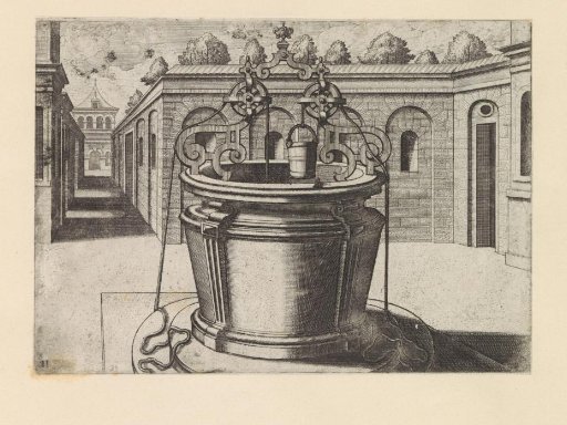 Round well in a square in front of a walled garden
