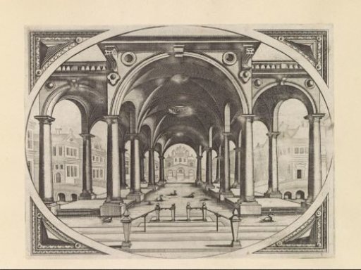 Open colonnade with columns and cross-vaults over a pond