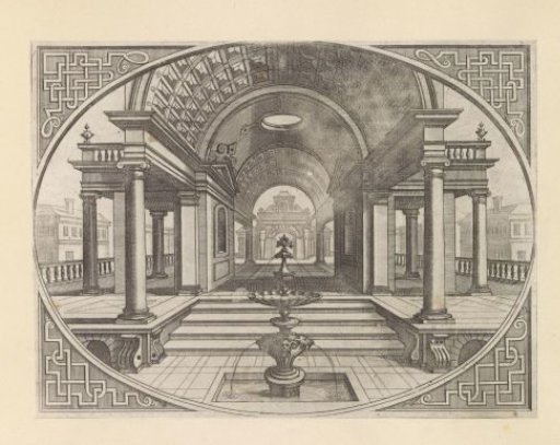 Open hall with a tunnel vault and a fountain in the foreground