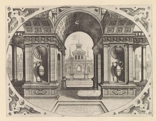 Part of a portal with vases in niches