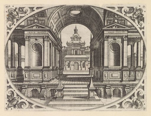 Portal with a barrel vault and a view of a city gate in the background