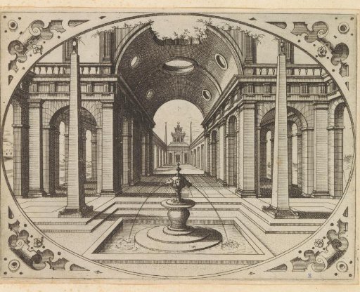 Portal with a barrel vault and a view into a street with arcades
