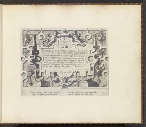 Cartouche in a frame of scroll and strapwork with two putti and human bones and skulls as trophies