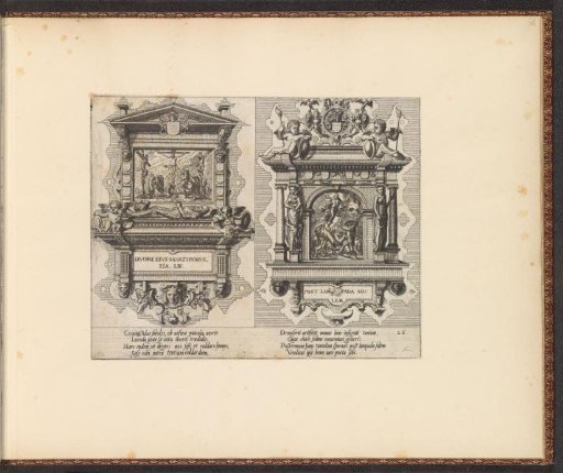 Two epitaphs, the left one with Christ on the Cross