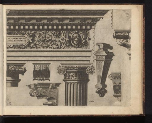 Ionic entablature, five consoles and a pilaster
