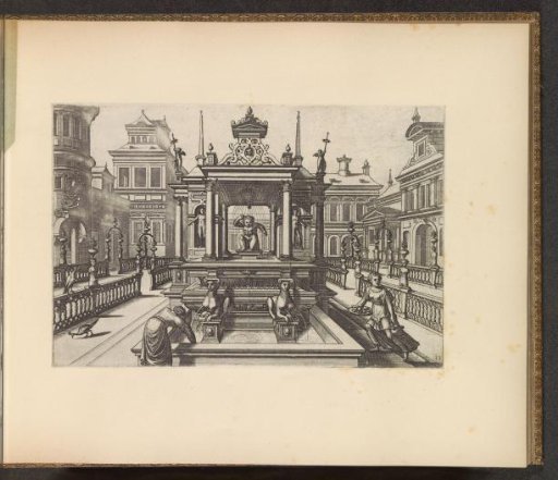 Town square with a fountain in the form of a small temple in the center