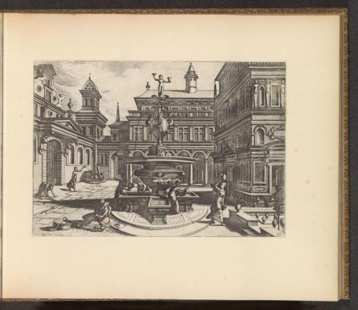 Town square with a vase-shaped fountain surrounded by figures
