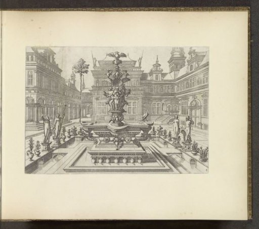 Town square with a fountain surrounded by statues and pots with plants