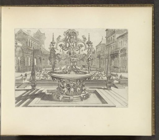 Round fountain supported by sphinxes in a courtyard