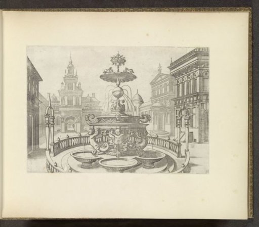 Town square with a round fountain