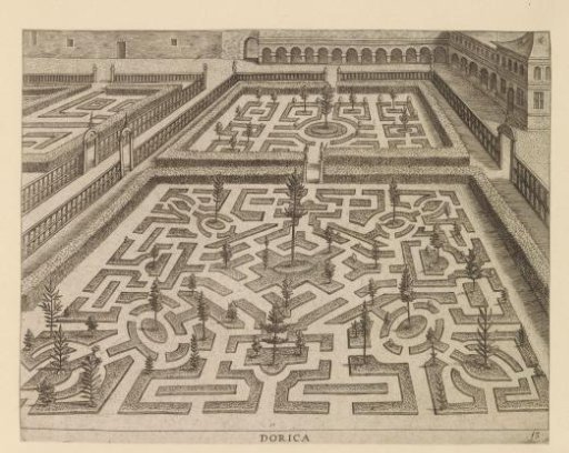 Garden with a parterre with trees and shrubs