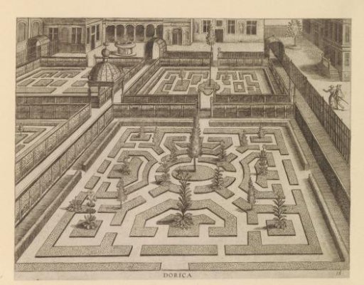 Garden with a parterre and rectangular compartments with a plant in the corners