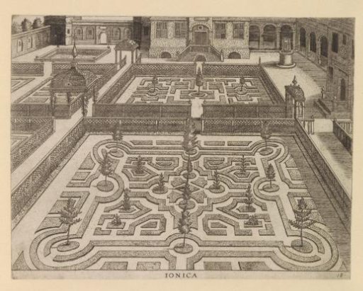 Garden with two parterres and the facade of a house