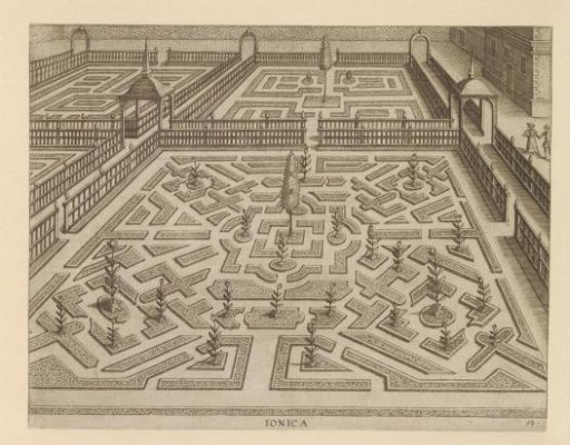 Garden with a parterre with square compartments in the diagonals