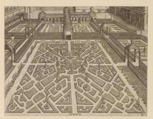 Garden with a parterre, surrounded by fences and open pavilions