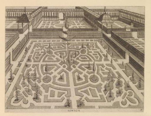 Garden with a parterre with fleurs-de-lis in the corners