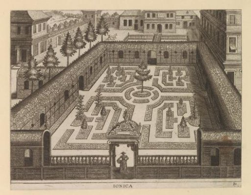 Garden with a parterre enclosed by a walk of iron railings
