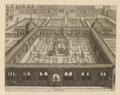 Garden with a parterre enclosed by a walk of iron railings and a fountain in the center
