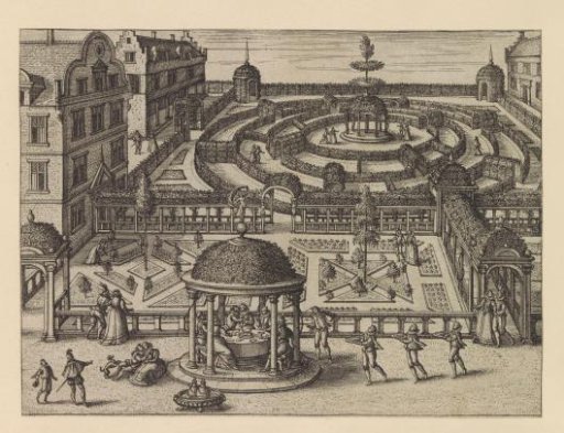 Courtyard garden with a company at a table