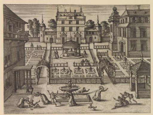 Courtyard garden with playing couples by a fountain
