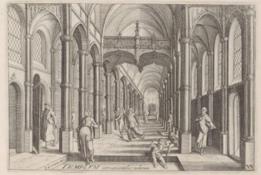Interior of a church with Christ driving out the clergy