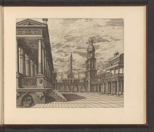 Town square with a colonnade, obelisk, and tower