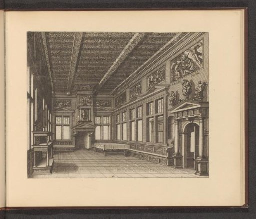 Interior with sideboard, mantelpiece, and table