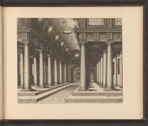Hall with a barrel vault and columns of the Tuscan order