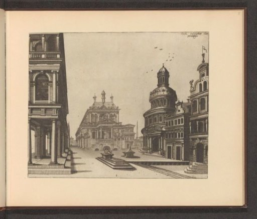 Square with a small fountain and various buildings