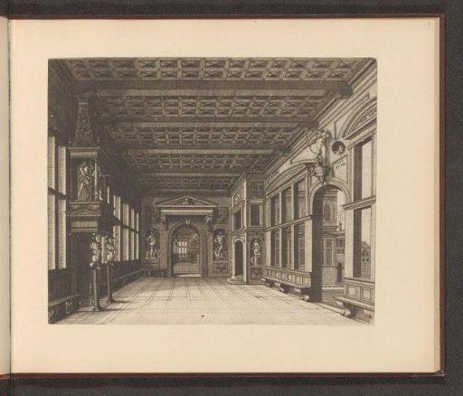Interior with a decorated chimneypiece on the left