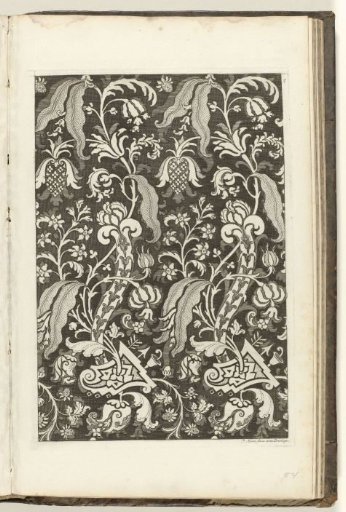 Repetitive pattern in white and greys on a black ground; stylised flowers, fruit [...]
