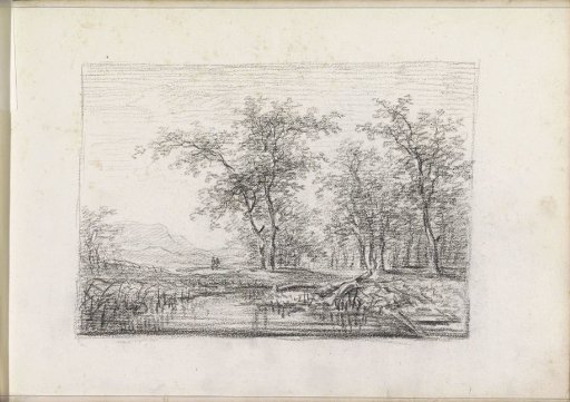 Landscape with trees, mountains, and a pond