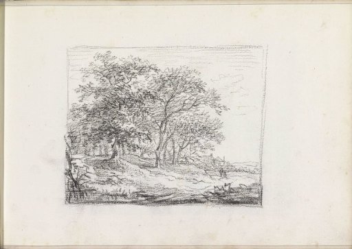 Figures on a path beside a group of trees