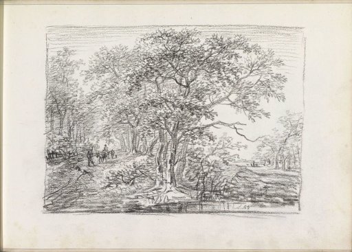 Donkey and figures on a path along a waterfront