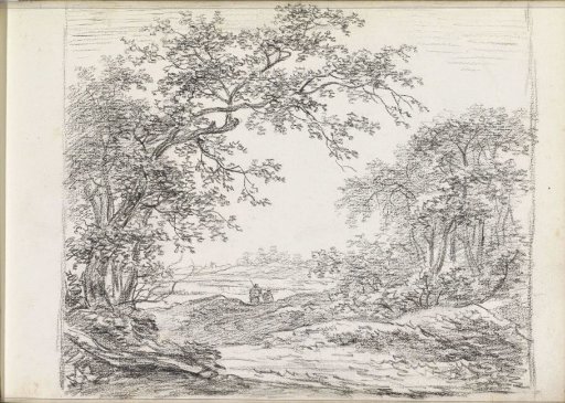Hilly landscape with trees and two figures